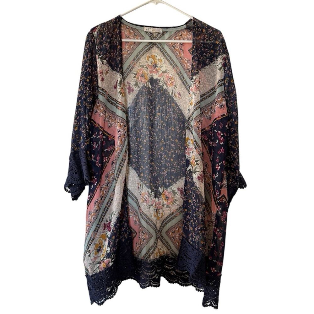 Jolt Women's XL Floral Patchwork Kimono Cardigan Navy Lace Trim Boho Duster